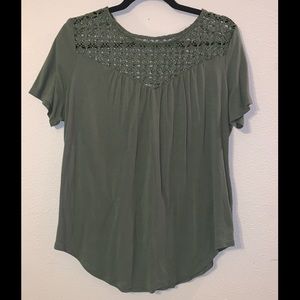 Olive Short Sleeve Top w/ Lace Neckline